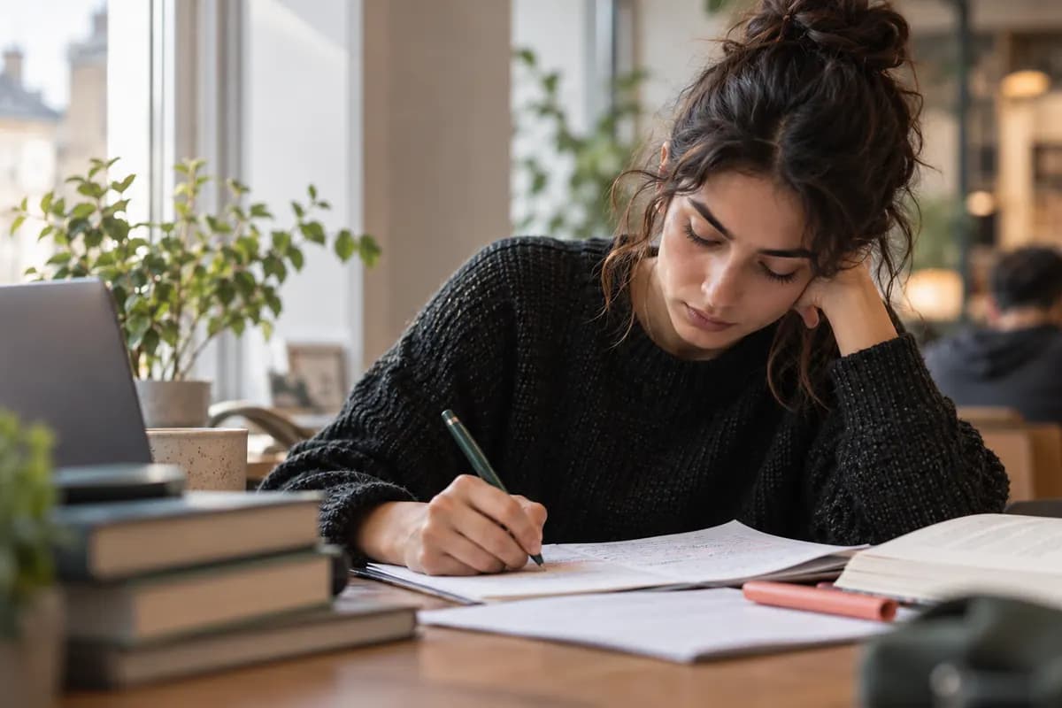 En student skriver anteckningar med böcker uppslagna framför sig i ett bibliotek.