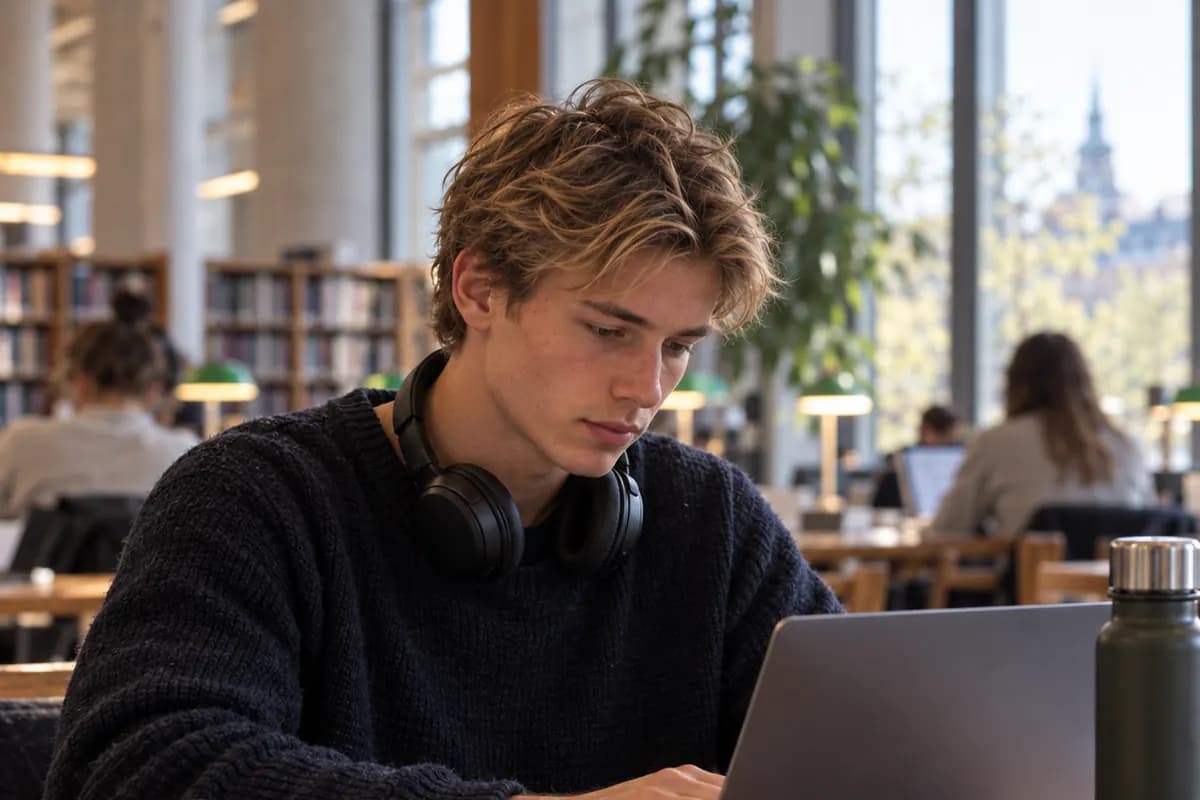 En student med hörlurar runt halsen arbetar vid en laptop i ett bibliotek.