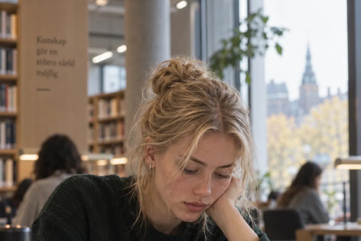 En student läser koncentrerat i ett bibliotek med höstträd utanför fönstret.