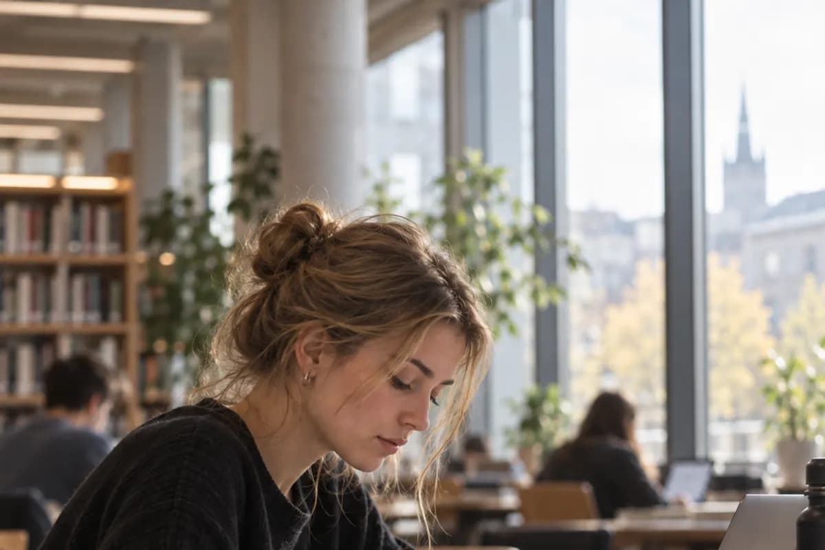 En student läser vid ett fönster i ett bibliotek med höstlöv utanför.