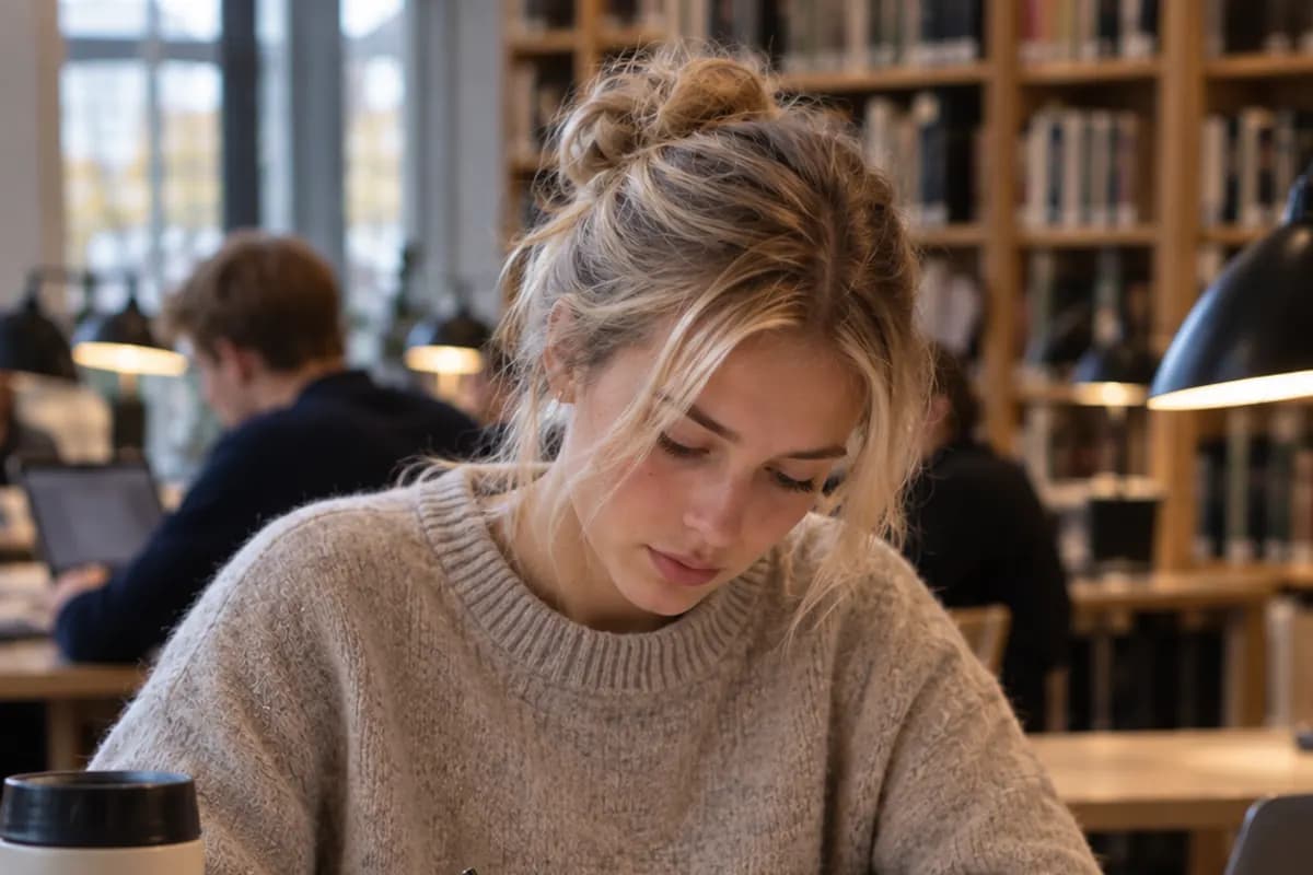 En student studerar i ett bibliotek framför bokhyllor.