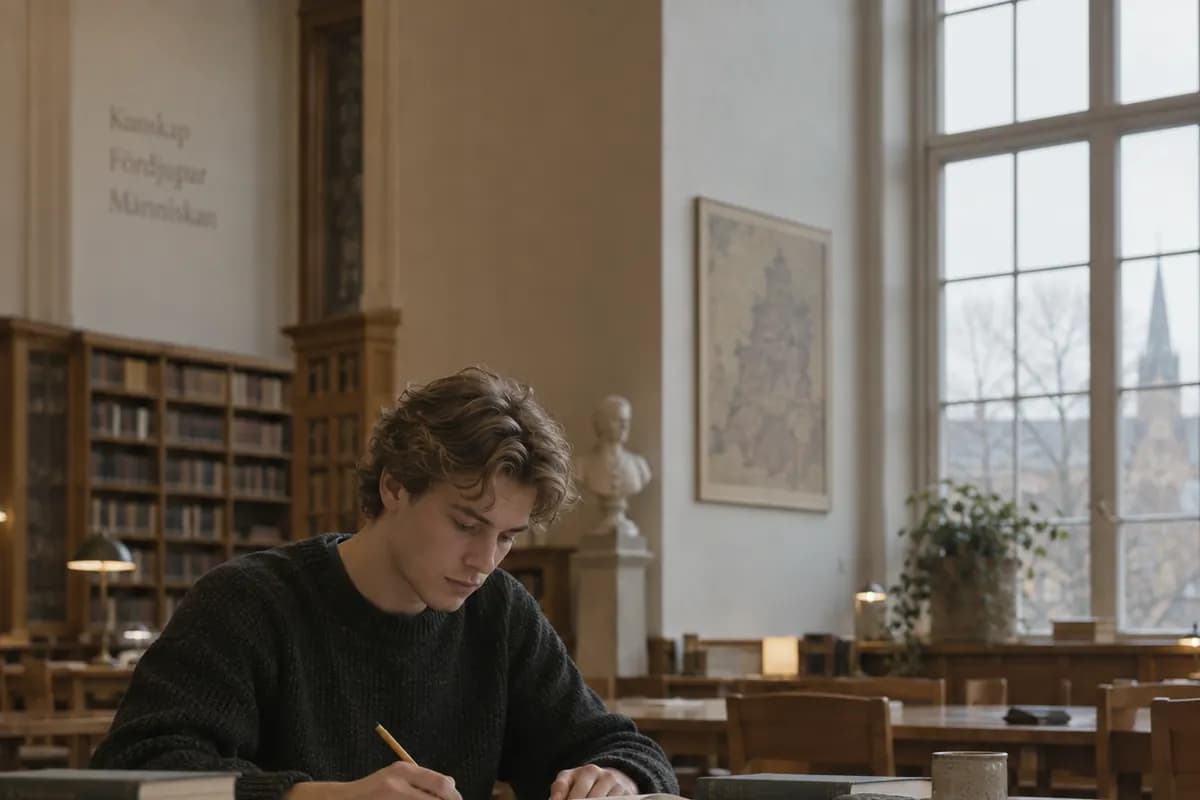 En student arbetar vid ett bord i ett äldre bibliotek med höga fönster.