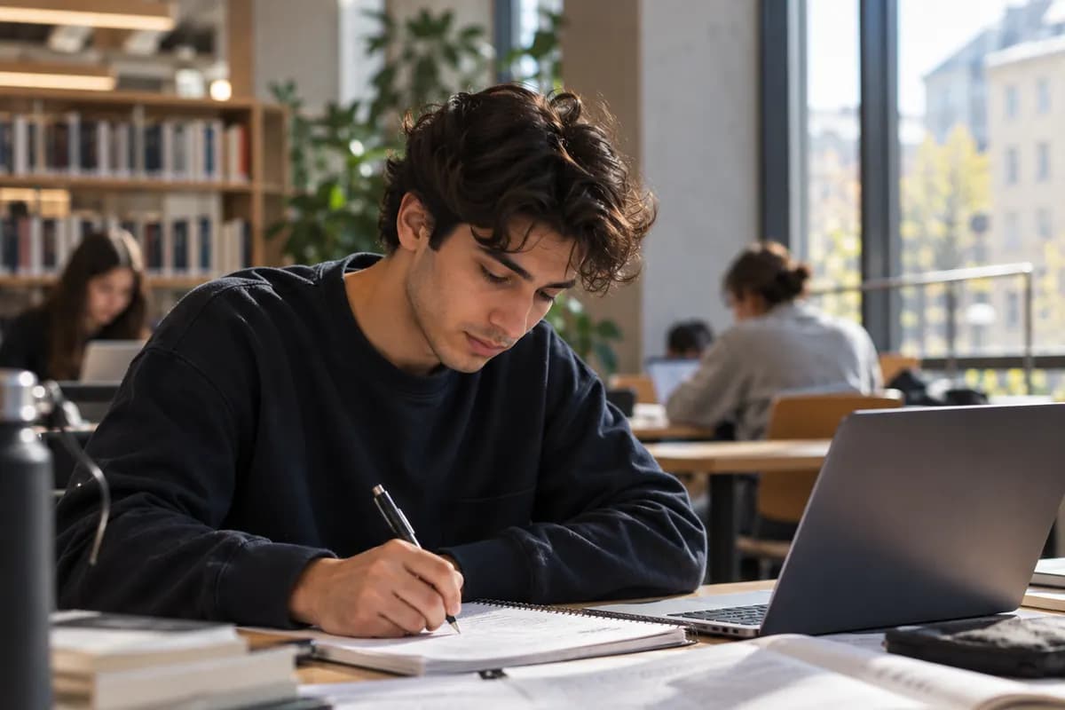 En student antecknar bredvid en laptop i ett ljust bibliotek.