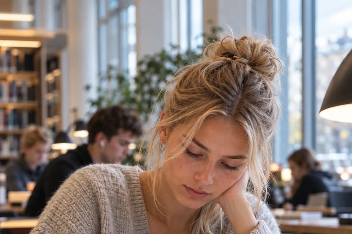 En student studerar i ett bibliotek under en läslampa, med studenter i bakgrunden.