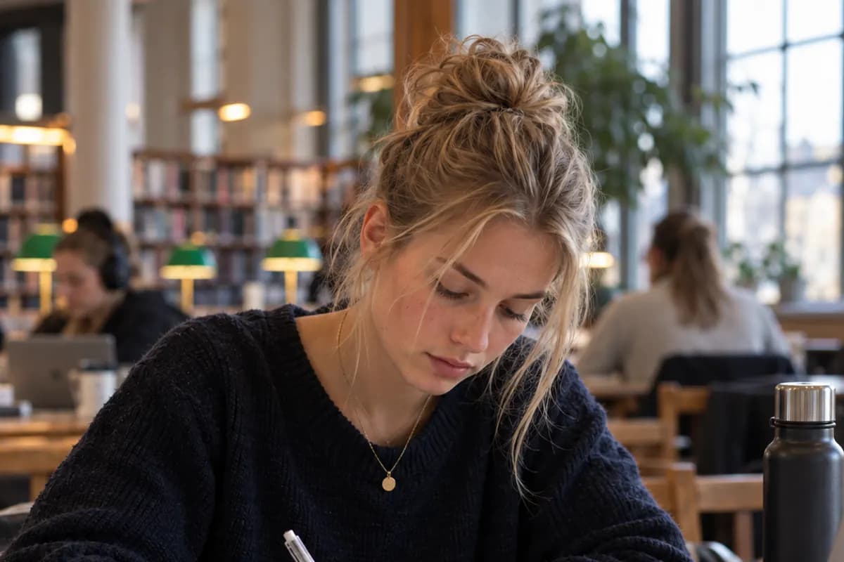 En student läser koncentrerat i ett bibliotek med gröna läslampor.