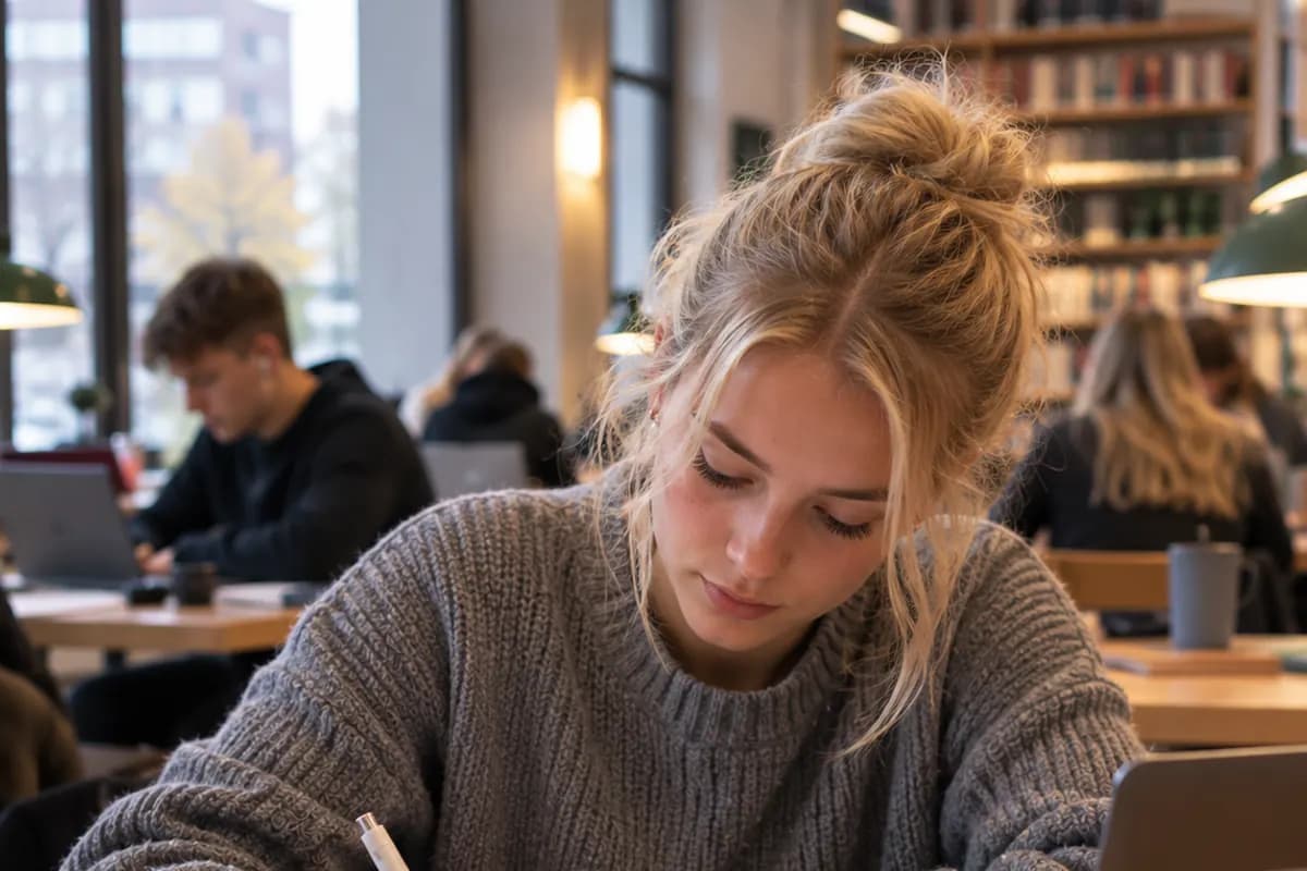 En student läser vid ett bord i ett bibliotek.