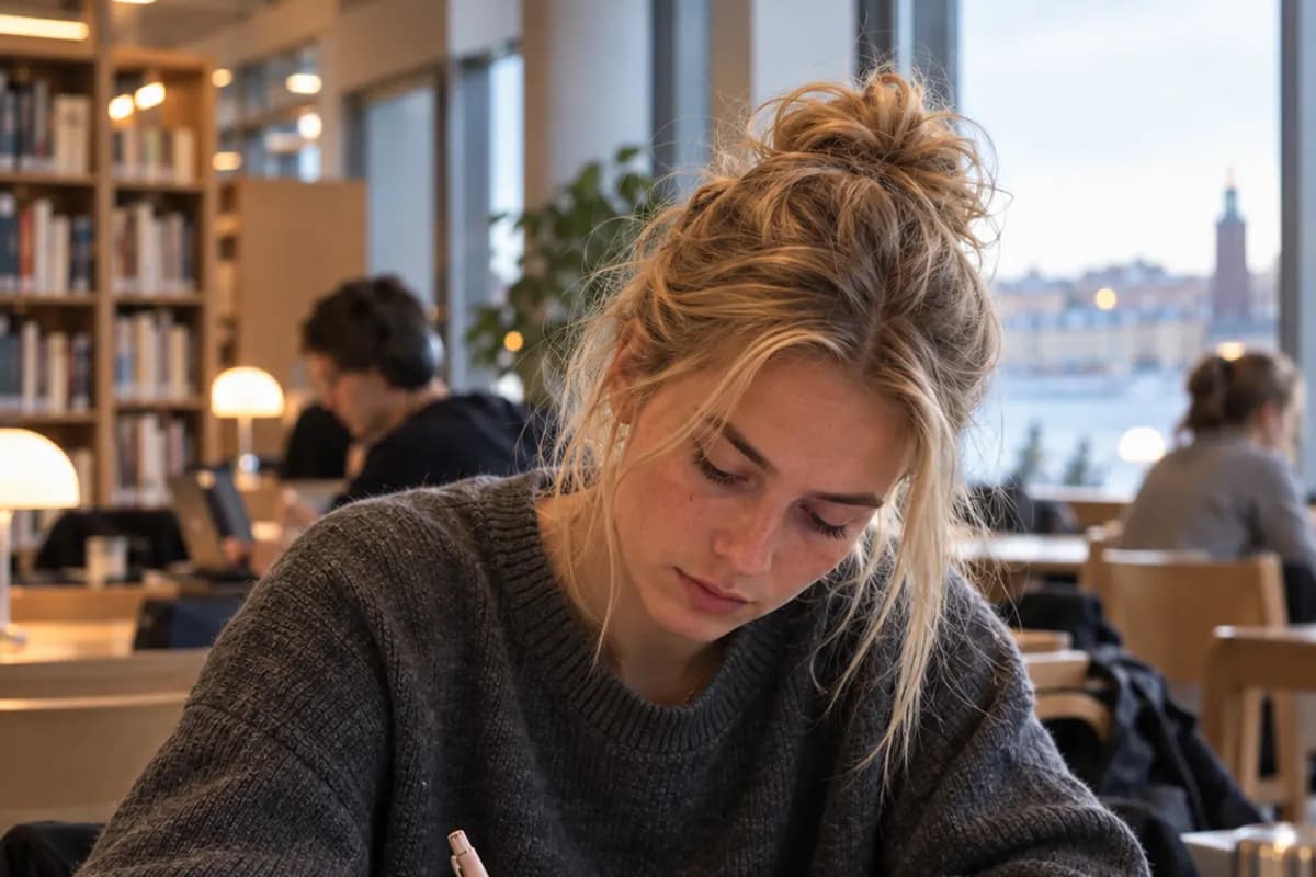 En student läser vid ett fönsterbord i ett bibliotek med vatten och stad utanför.