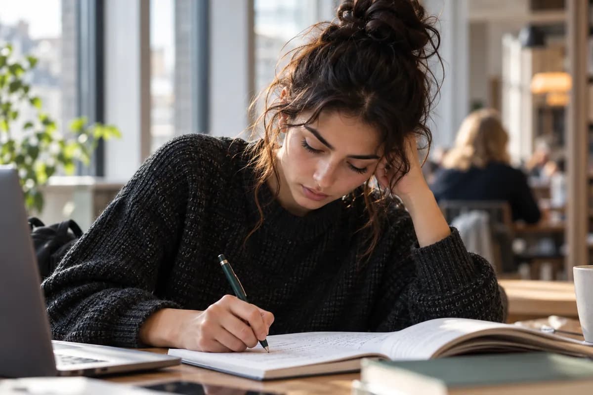 En student studerar vid ett bord i ett bibliotek med andra studenter i bakgrunden.