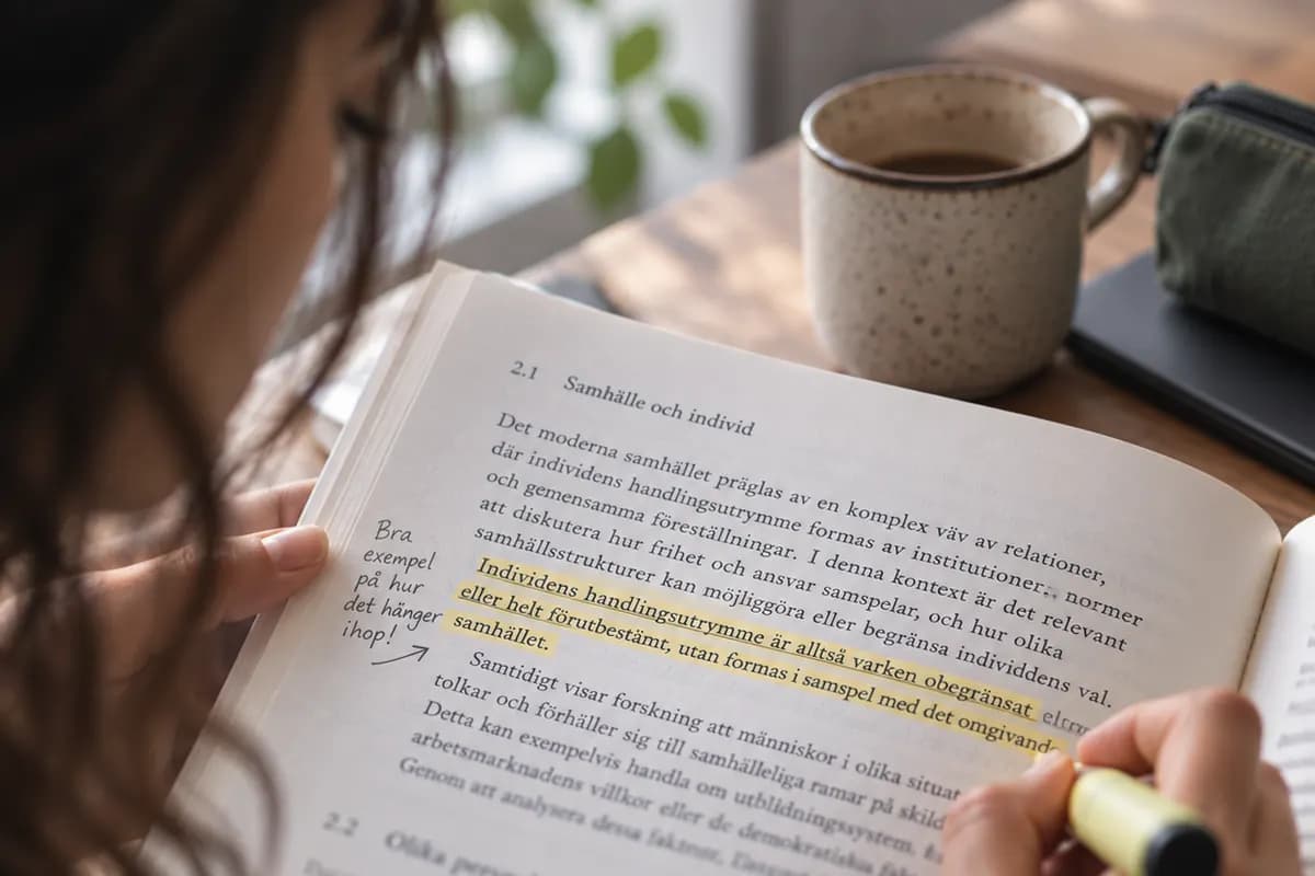 En uppslagen kursbok bredvid en kaffekopp på ett bord.