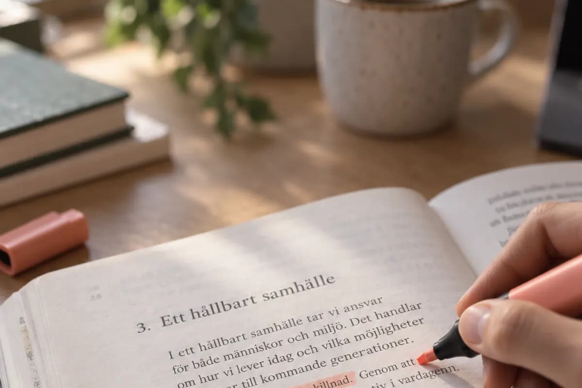 Närbild på en uppslagen bok med penna och kaffekopp.