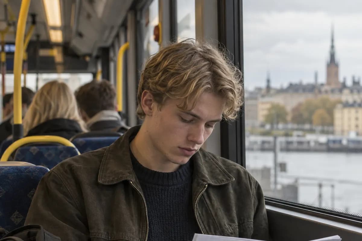 En student läser på en buss med Stockholms siluett i bakgrunden.