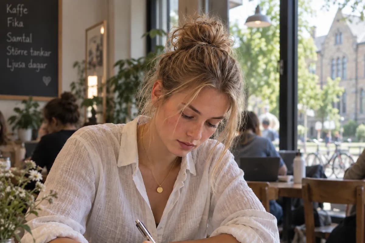 En student antecknar vid ett cafébord med kaffe, med en stad utanför fönstret.