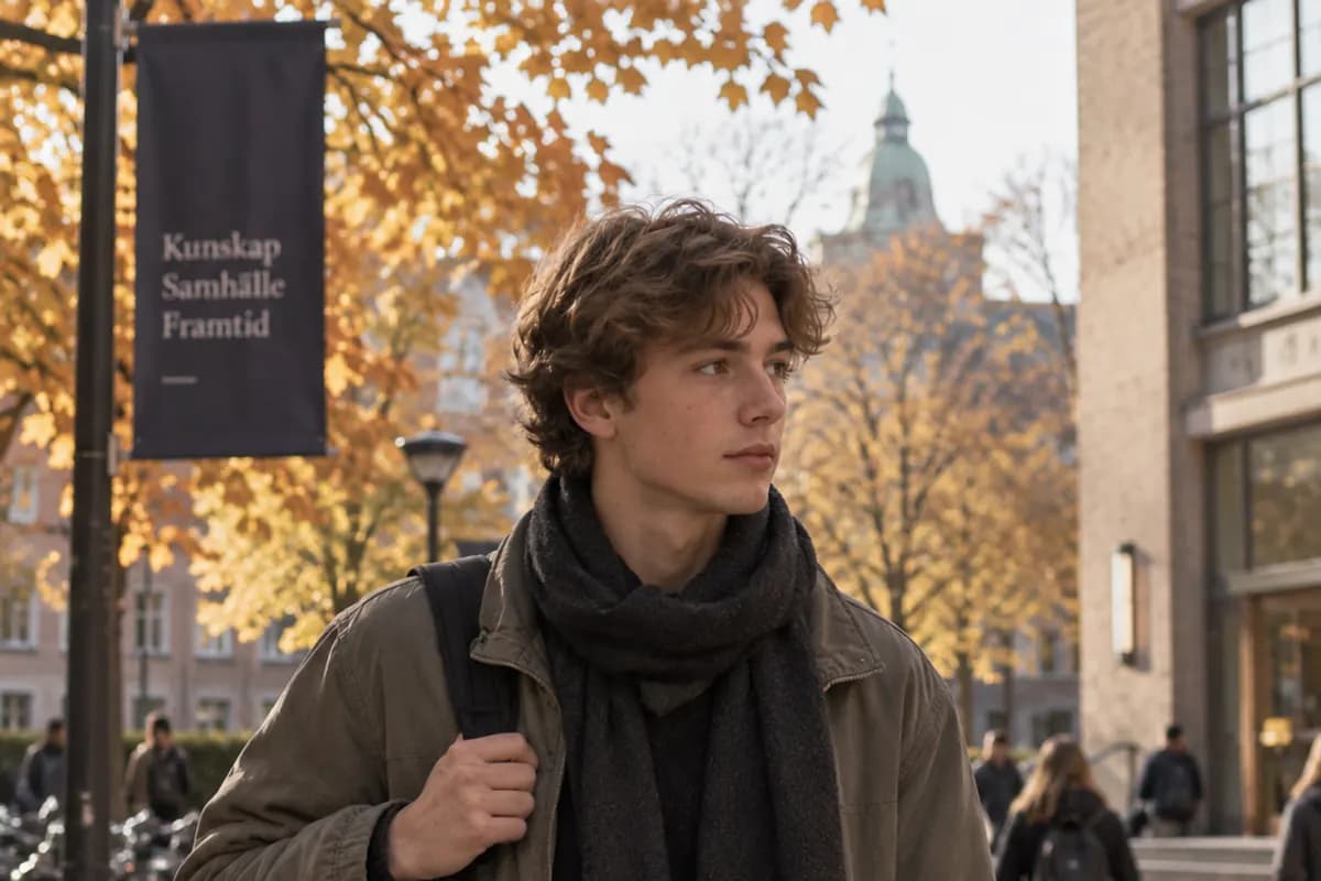 En student går med väska över axeln genom en campusmiljö med höstlöv.