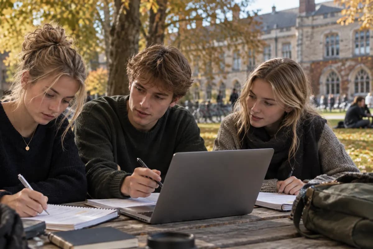 Tre studenter arbetar tillsammans vid en laptop utomhus på campus.