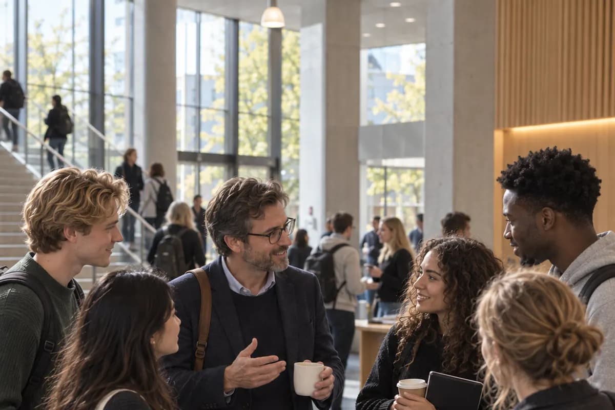 Studenter samtalar i en ljus universitetsfoajé.