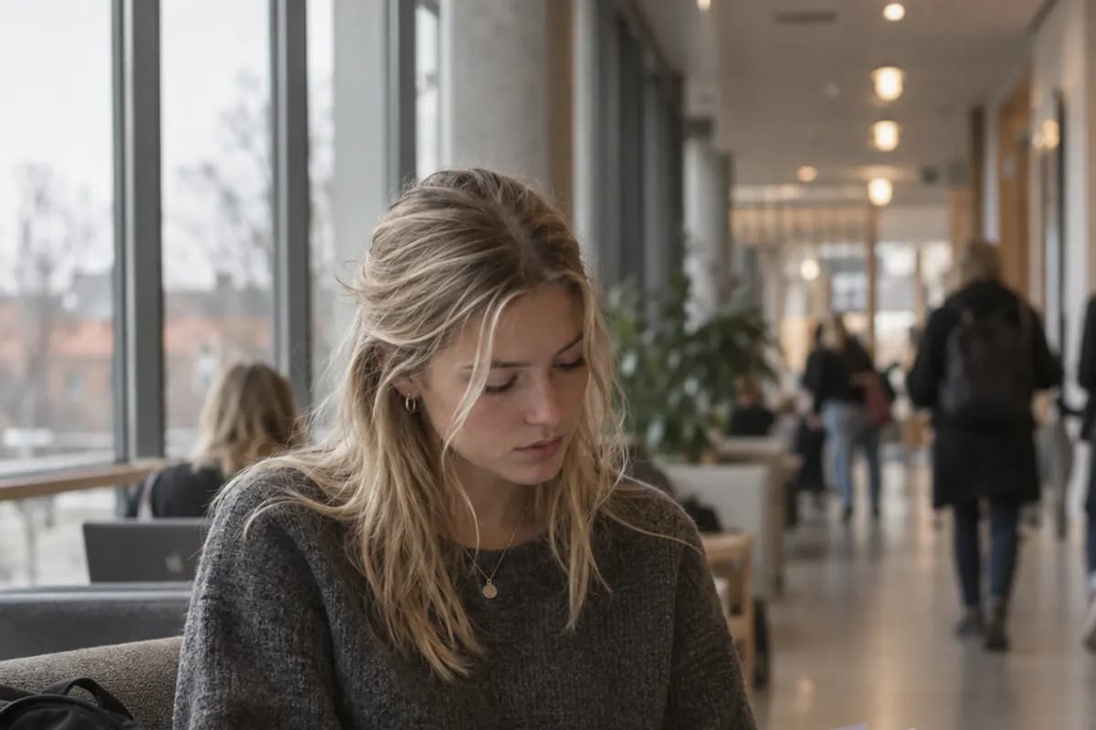 En student arbetar vid en laptop i en ljus universitetsfoajé med människor i rörelse.