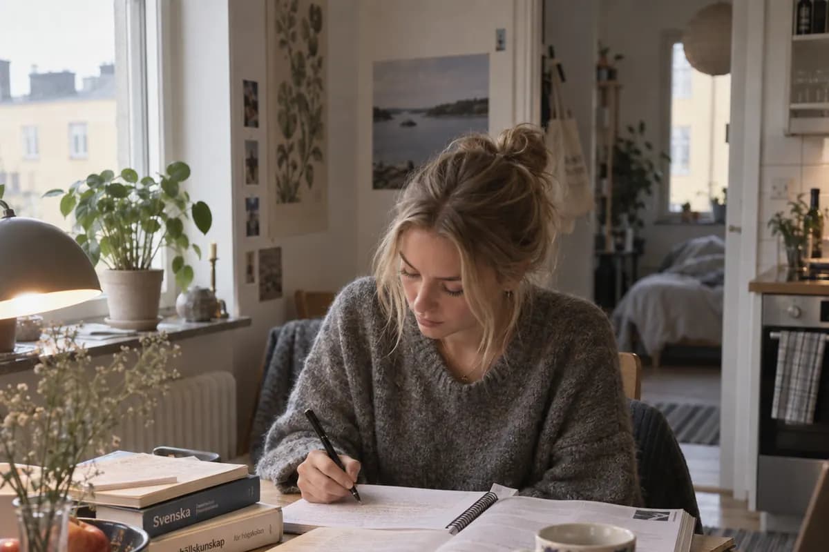 En student studerar vid ett skrivbord hemma bland växter och bilder.