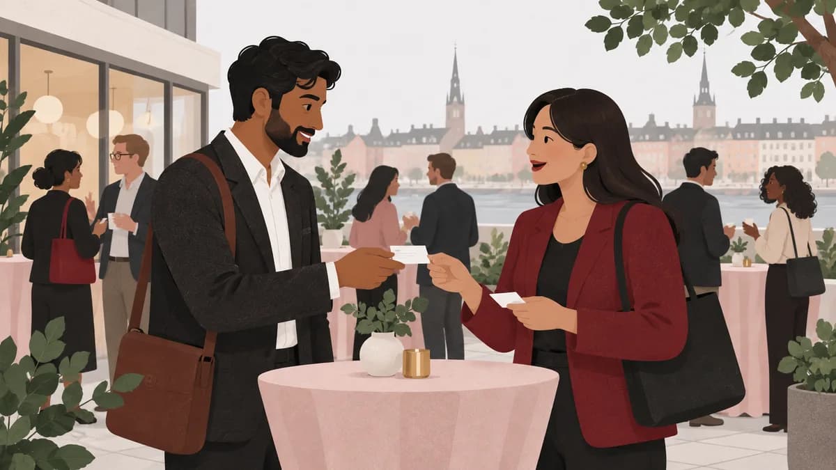 Två yrkesverksamma personer presenterar sig och utbyter kontaktkort vid en nätverksträff.