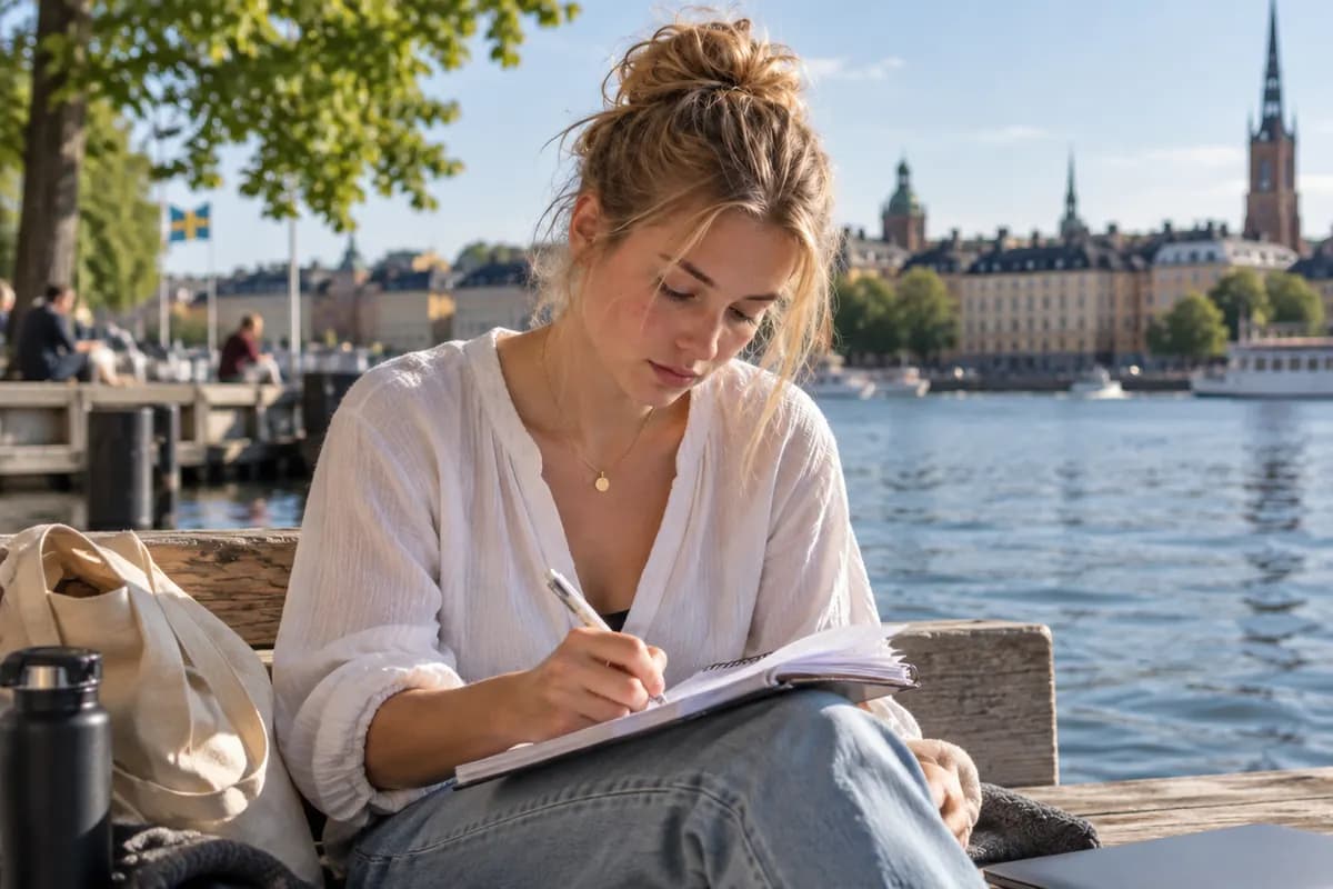 En student antecknar sittande vid en kaj med Stockholms innerstad på andra sidan vattnet.