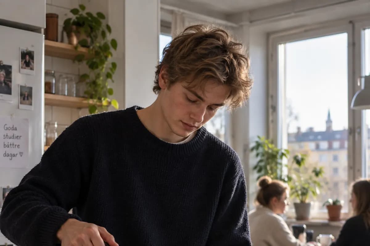 En student arbetar vid ett köksbord med en stadsgata utanför fönstret.