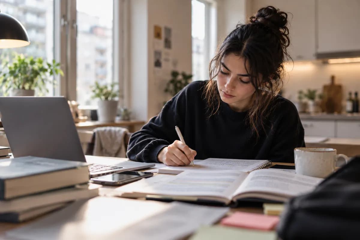 En student studerar med laptop och block vid ett köksbord.