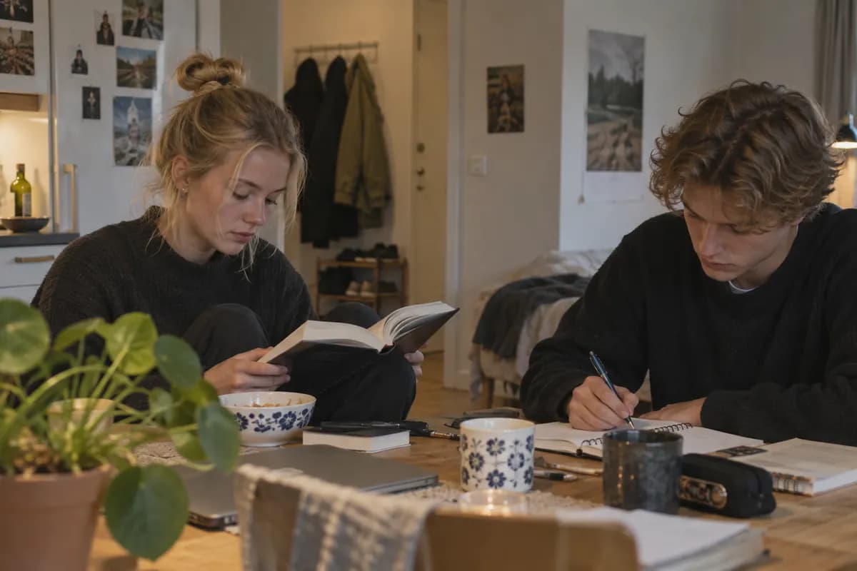 Två studenter läser och antecknar vid ett köksbord.