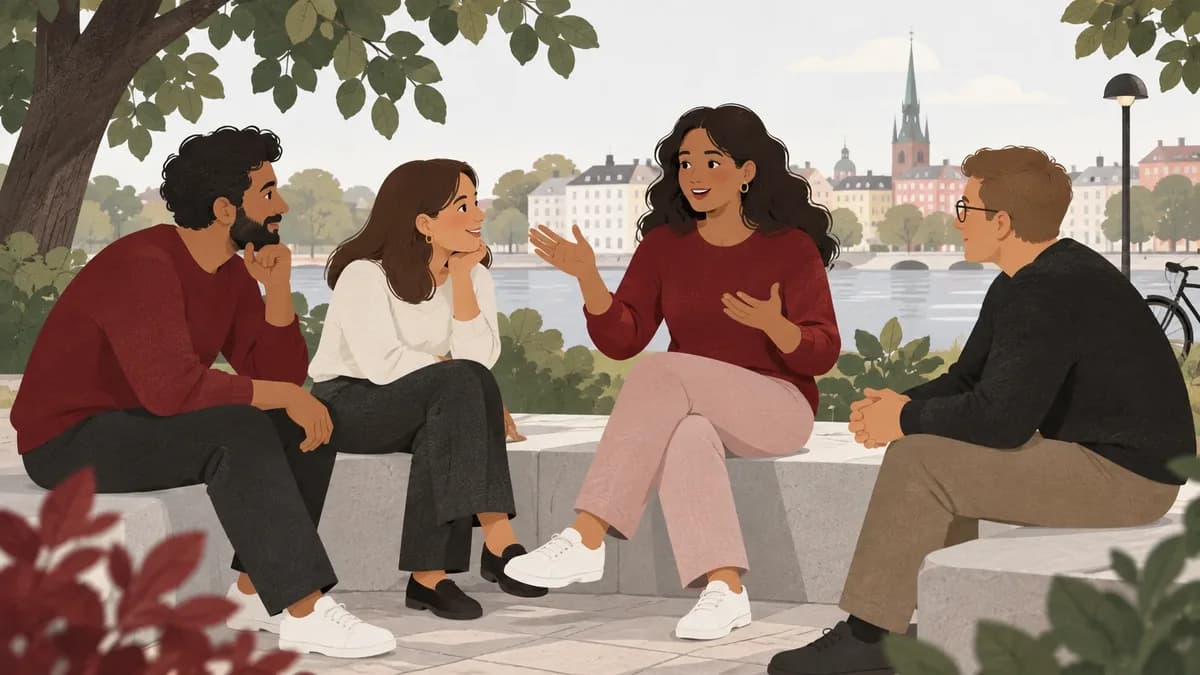 Tre vuxna i en samtalscirkel lyssnar på en person som berättar om en egen idé.