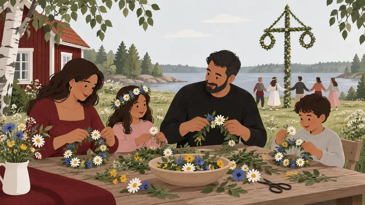 Vuxna och barn binder blomsterkransar vid ett utomhusbord med en midsommarstång på avstånd.