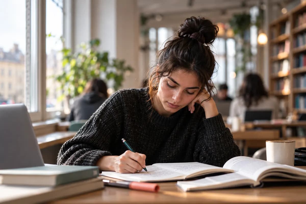 En student arbetar med bok och laptop i ett bibliotek.