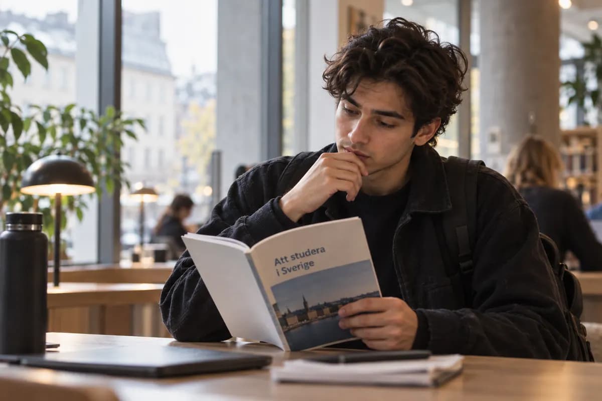 En student läser en informationsskrift vid ett bord i ett bibliotek.