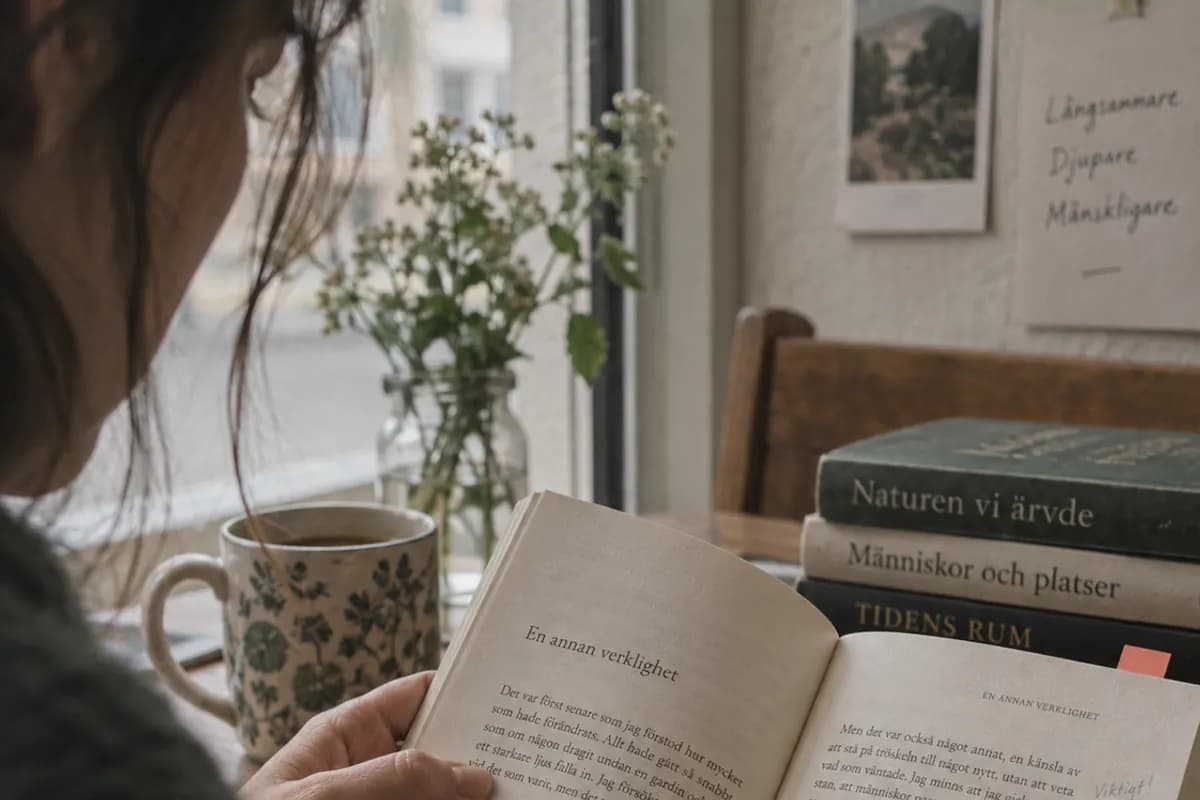 En person läser en uppslagen bok vid ett fönster, med en kaffekopp och böcker på bordet.