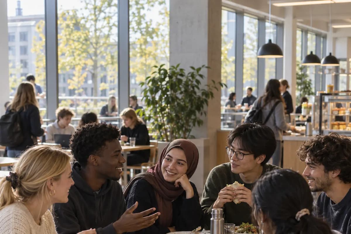 Studenter äter lunch och samtalar vid ett bord på campus.