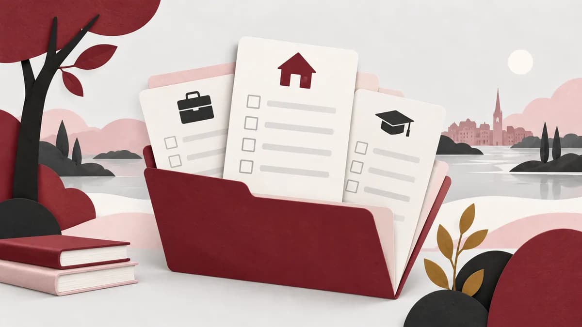 En öppen dokumentmapp med flera tomma checklistkort och symboler för hem, arbete och studier.