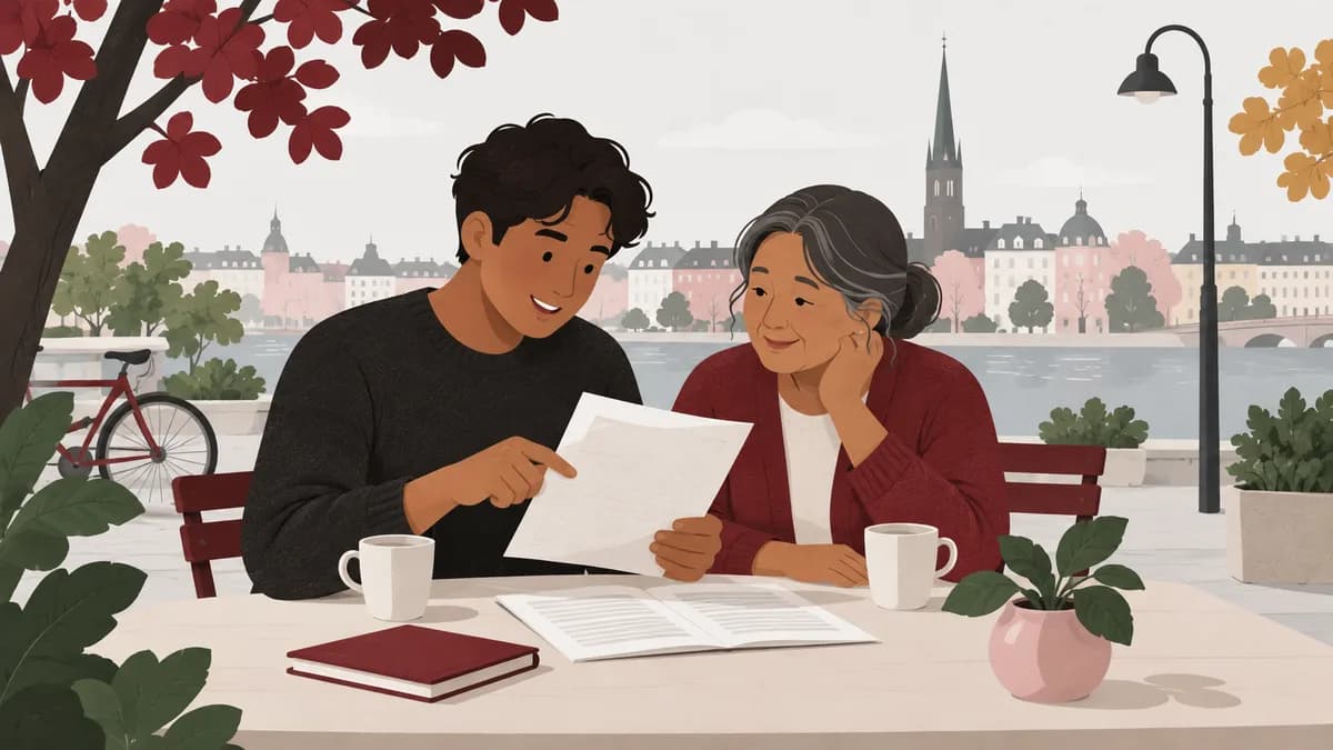 En ung vuxen går igenom ett dokument med en äldre anhörig vid ett ljust bord.