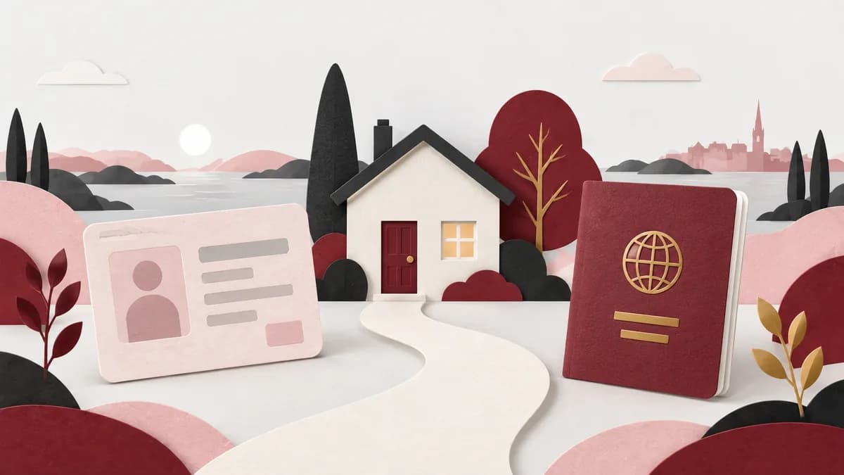 Två olika identitetshandlingar med ett hus och en väg mellan dem.