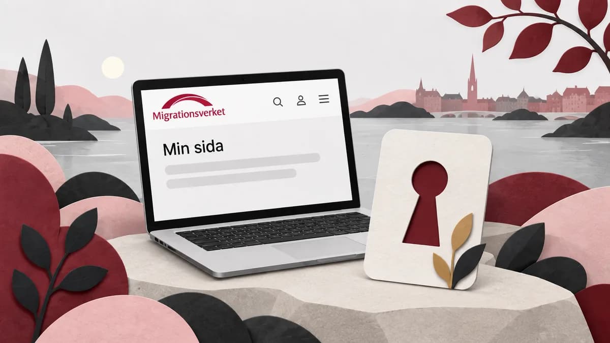 En dator med Migrationsverkets webbplats och ett stiliserat nyckelhål på ett separat kort.