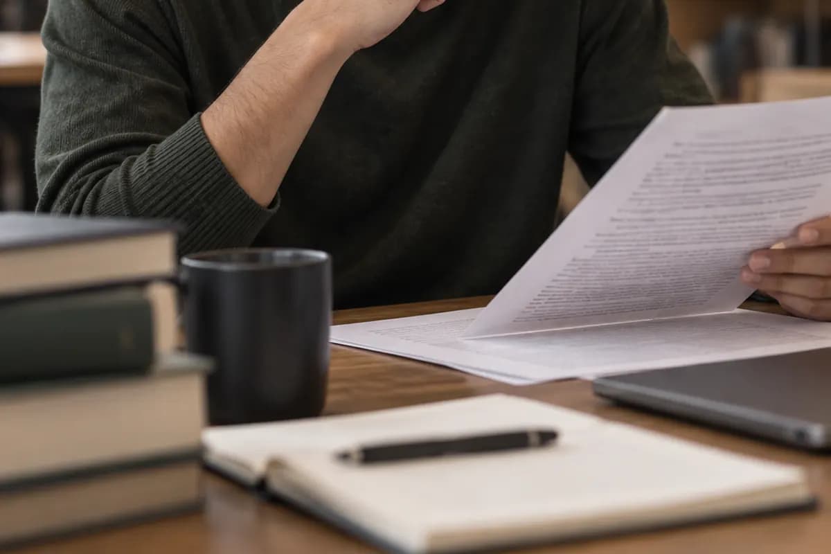 En student läser ett utskrivet papper vid ett skrivbord med böcker och en kaffemugg.