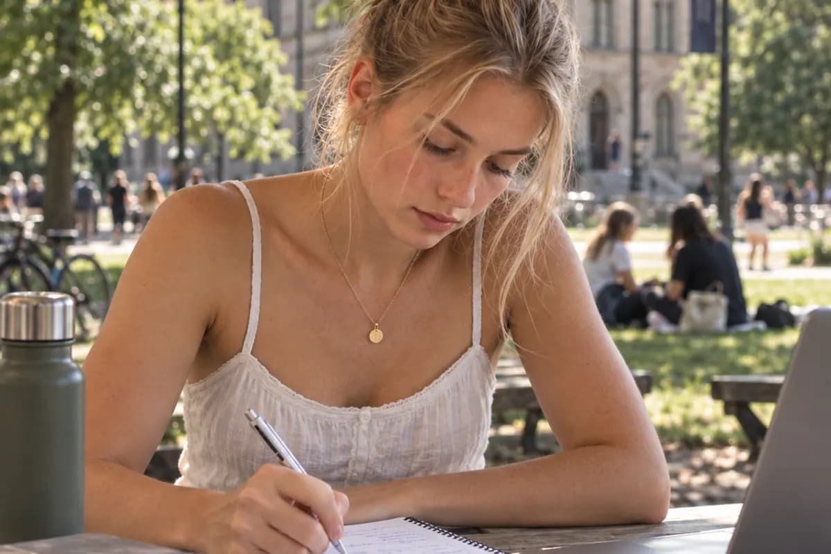 En student antecknar vid ett bord i en park en sommardag, med andra studenter i gräset.