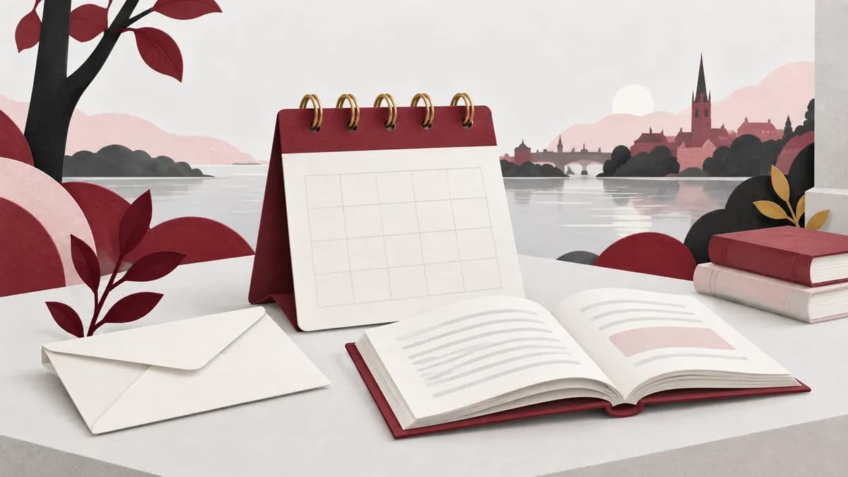 En kalender med ett tomt framtida blad står intill en öppen studiebok och ett kuvert.