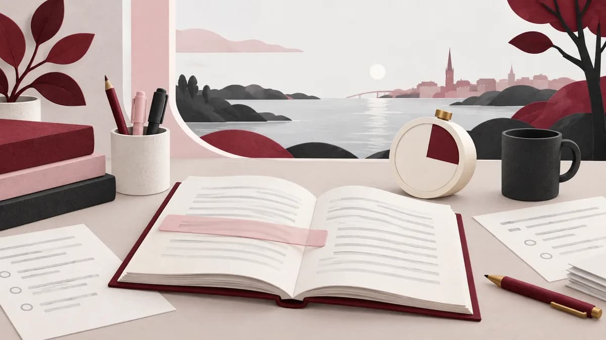 En lugn studieplats med läslinjal, timer utan siffror och glest utplacerade frågepapper.