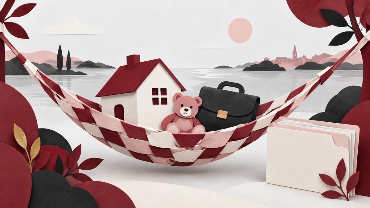 Ett nät av pappersband håller symboler för hem, familj och arbete.