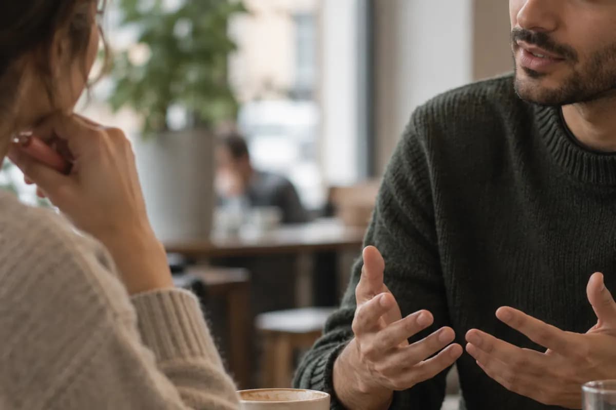 Två studenter diskuterar över anteckningar vid ett cafébord.