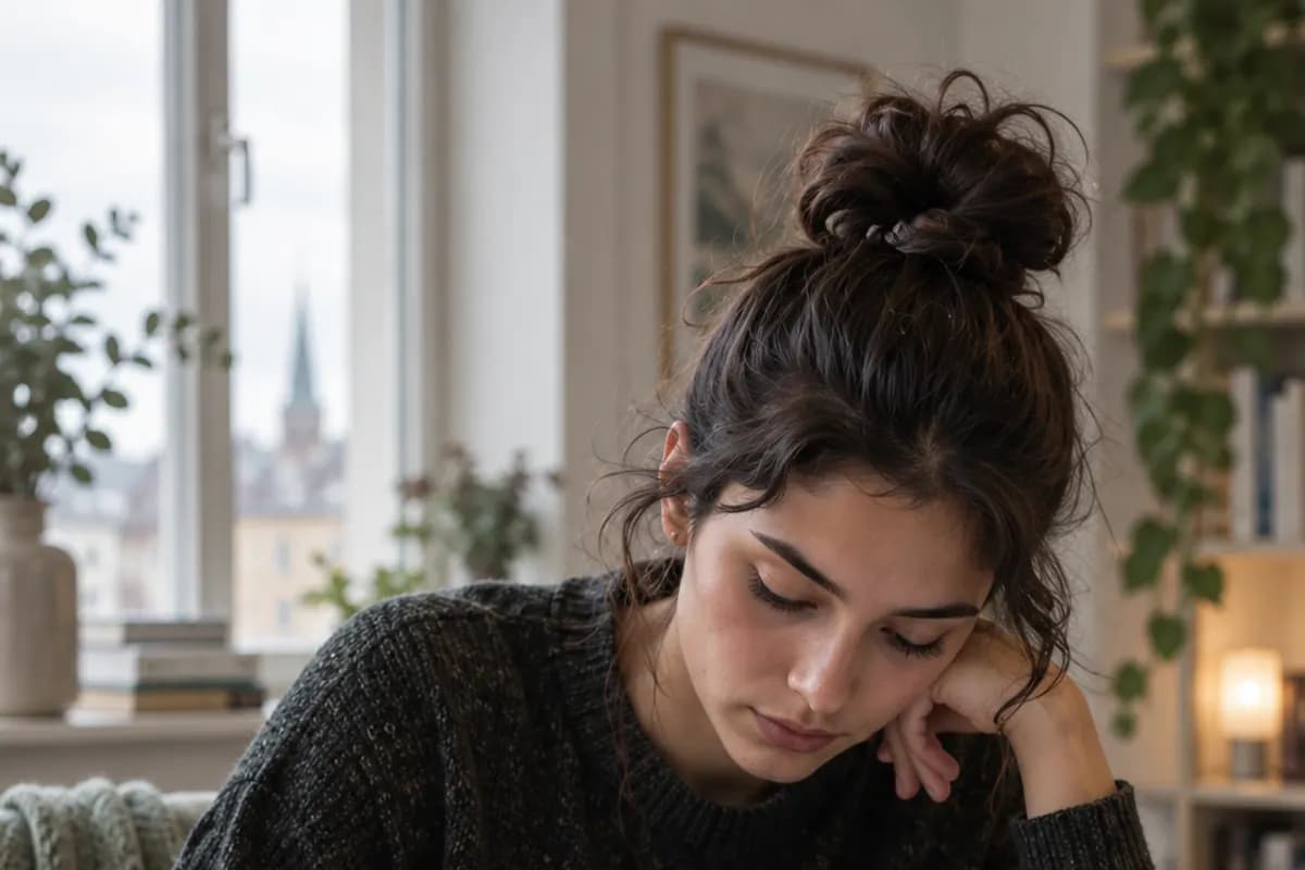En student läser vid ett fönster med en stadssiluett i bakgrunden.
