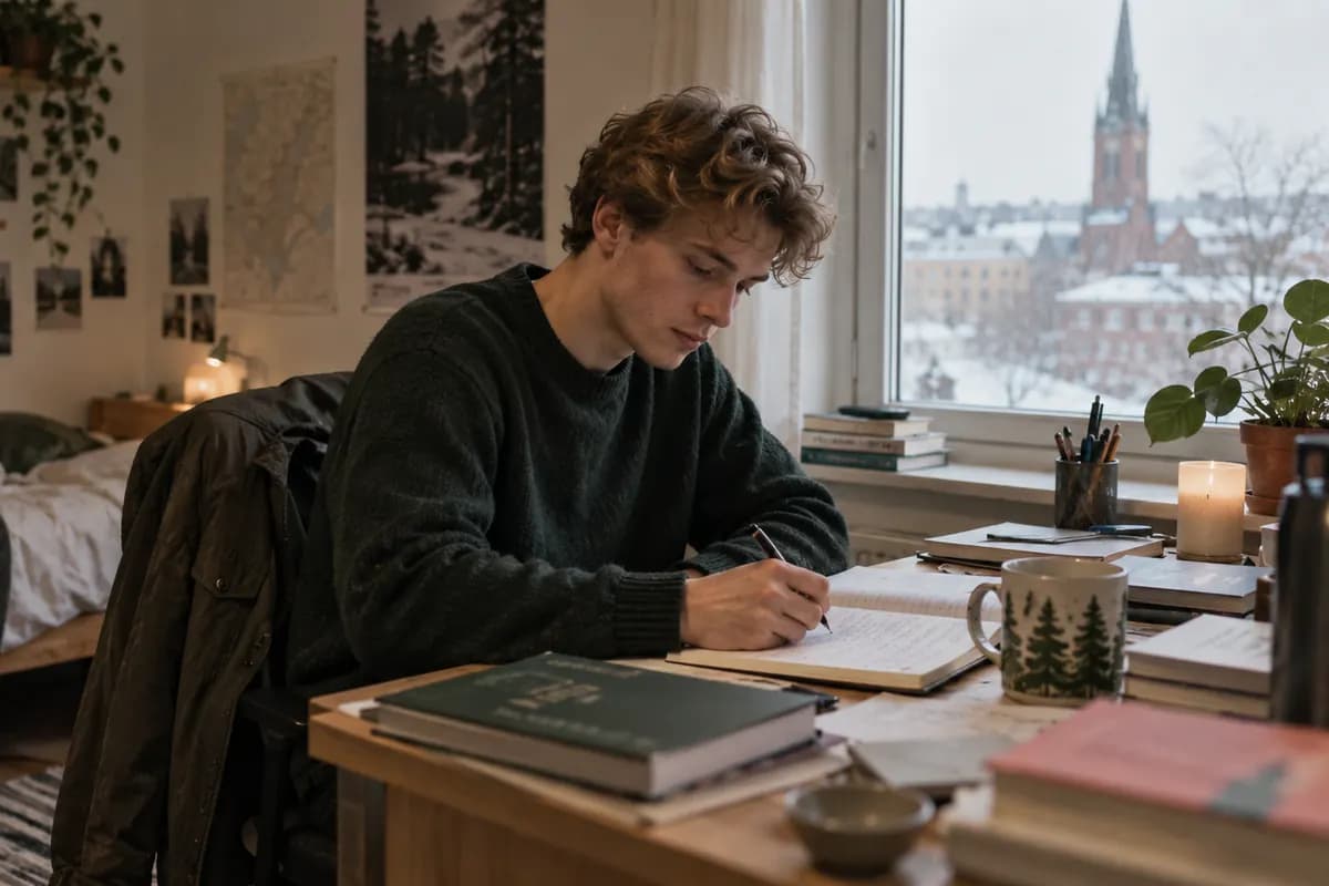 En student skriver vid ett skrivbord i ett studentrum med en snöig stad utanför.