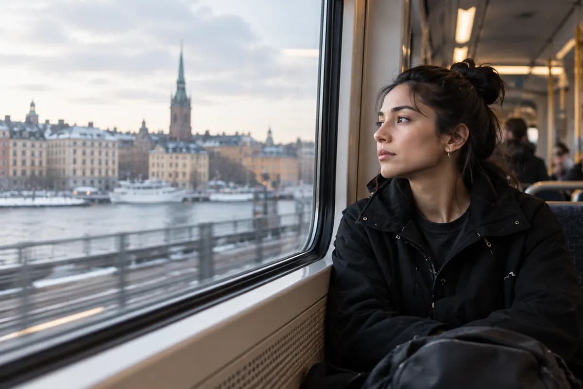 En resenär tittar ut genom tågfönstret mot Stockholms siluett en vinterdag.
