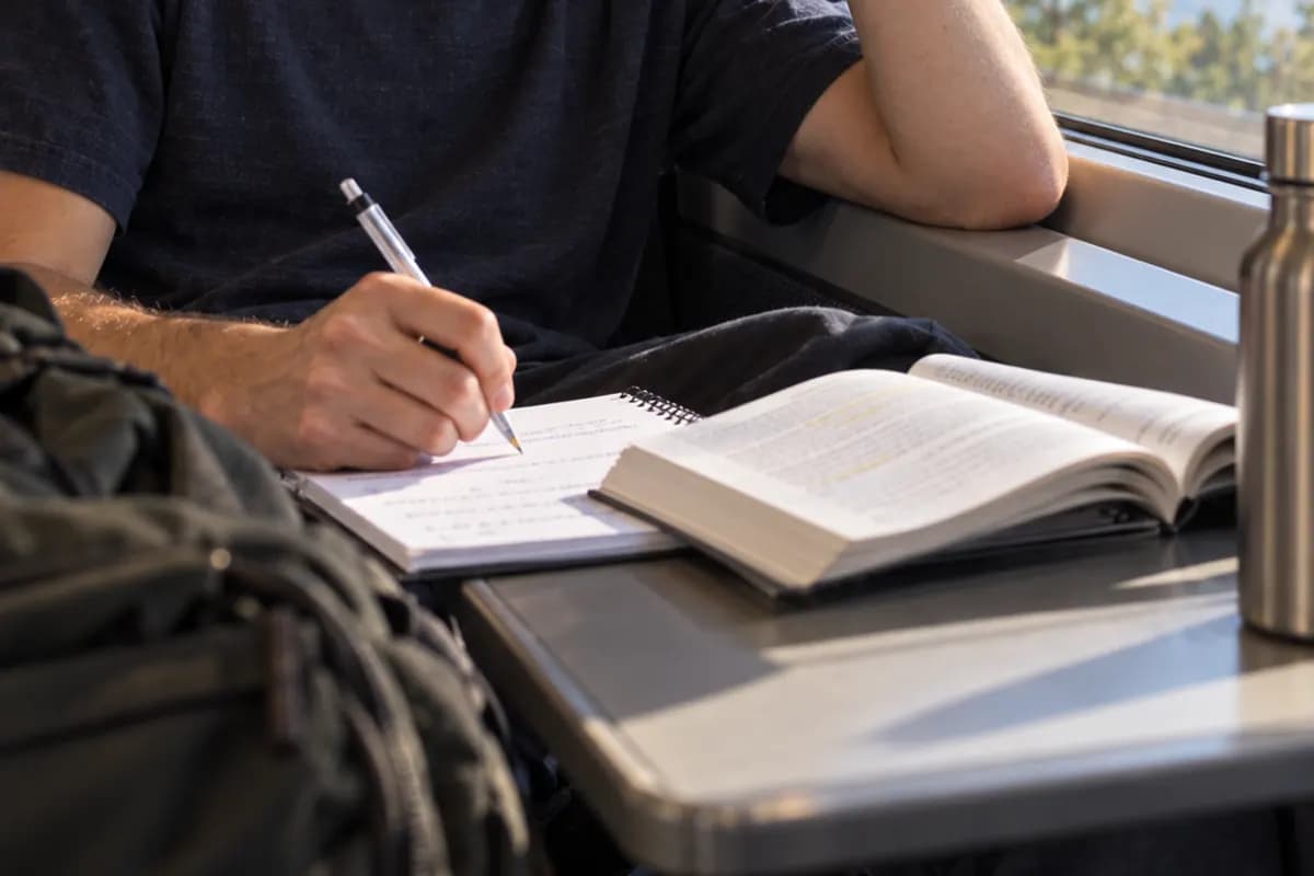 En student skriver i ett block på ett tåg med vatten utanför fönstret.