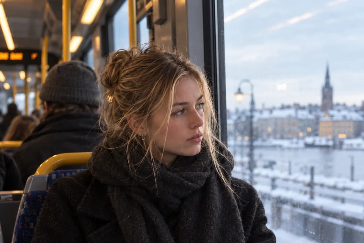 En student läser papper på ett tåg en vinterdag.
