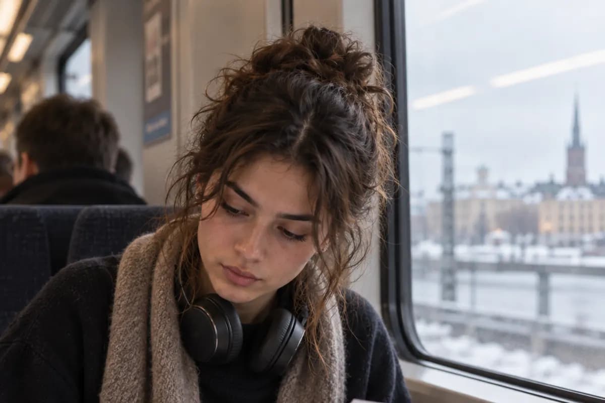 En student med hörlurar läser på ett tåg med en snöig stad utanför fönstret.
