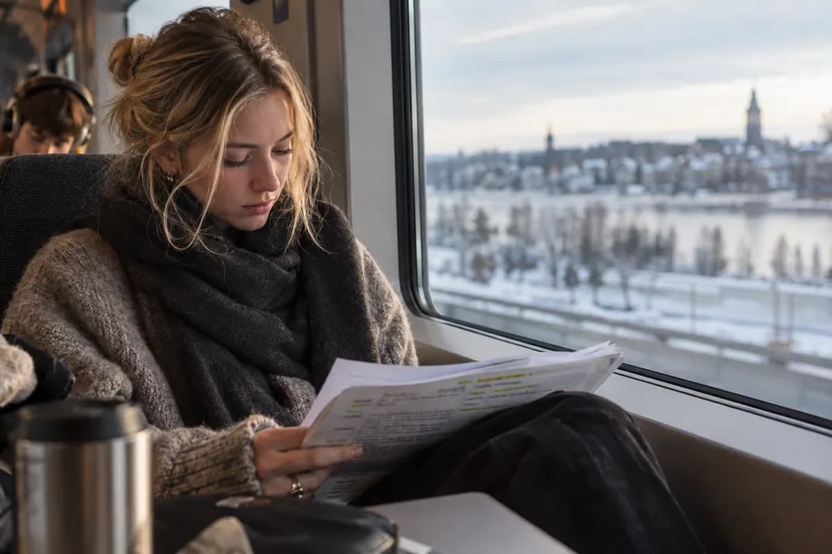 En student läser papper på ett tåg med en snöig stad utanför fönstret.