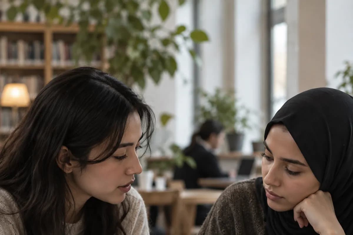 Två studenter läser tillsammans i en uppslagen bok i ett bibliotek.